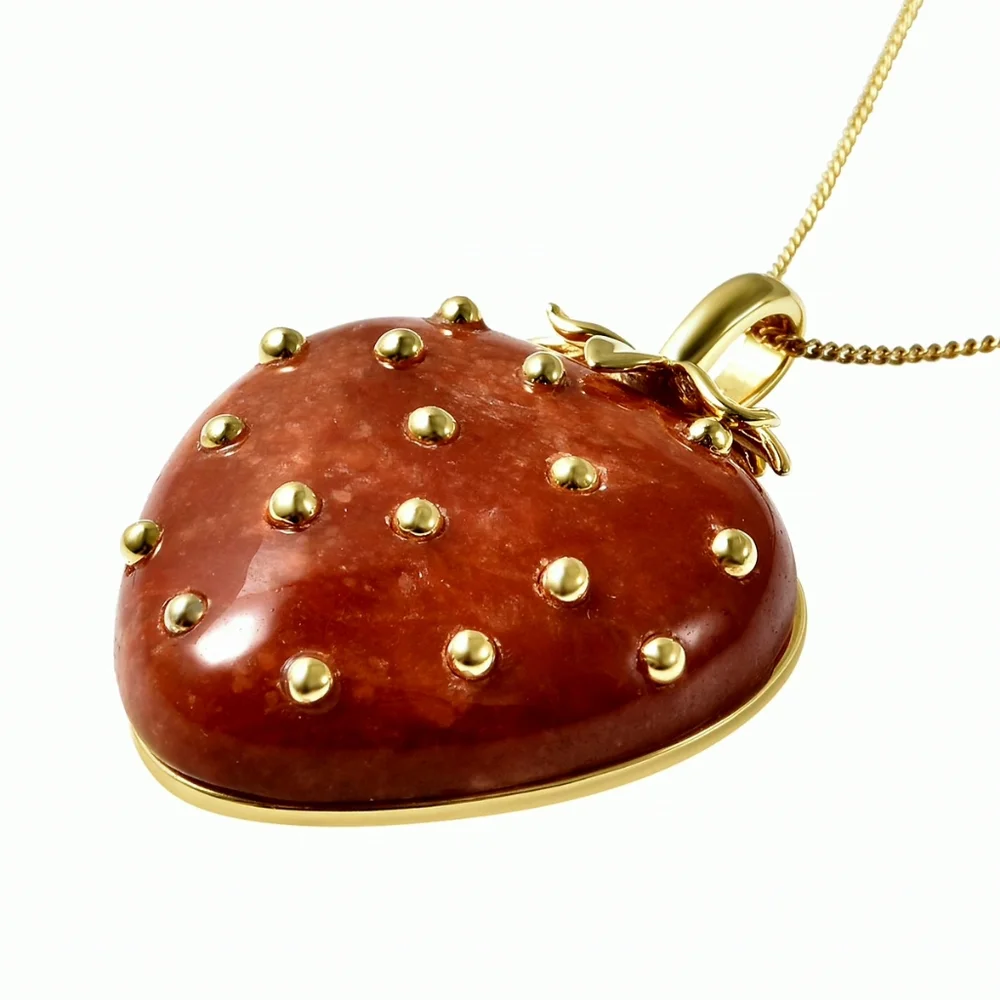NWT RED JADE STRAWBERRY π PENDANT NECKLACE IN YELLOW GOLD OVER STERLING SILVER - Picture 4 of 6